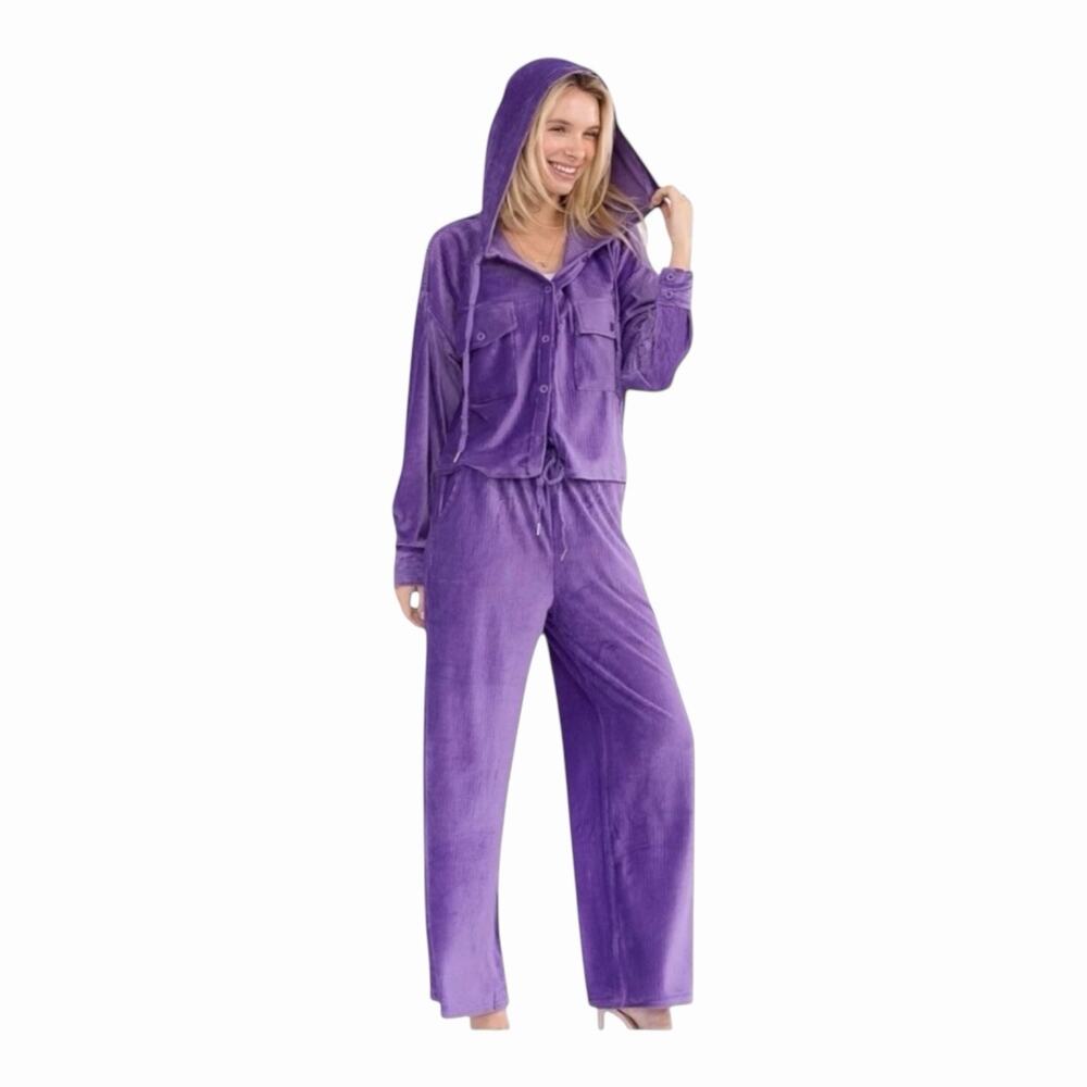 Better Be Purple Ribbed Velour Lounge Set NWT Hooded Top Wide Leg Pants